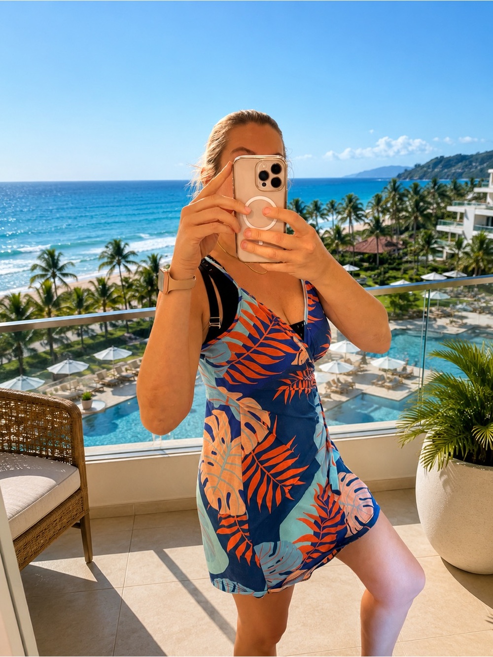 Tropical Navy Blue & Orange Leaf Print Mini Dress
